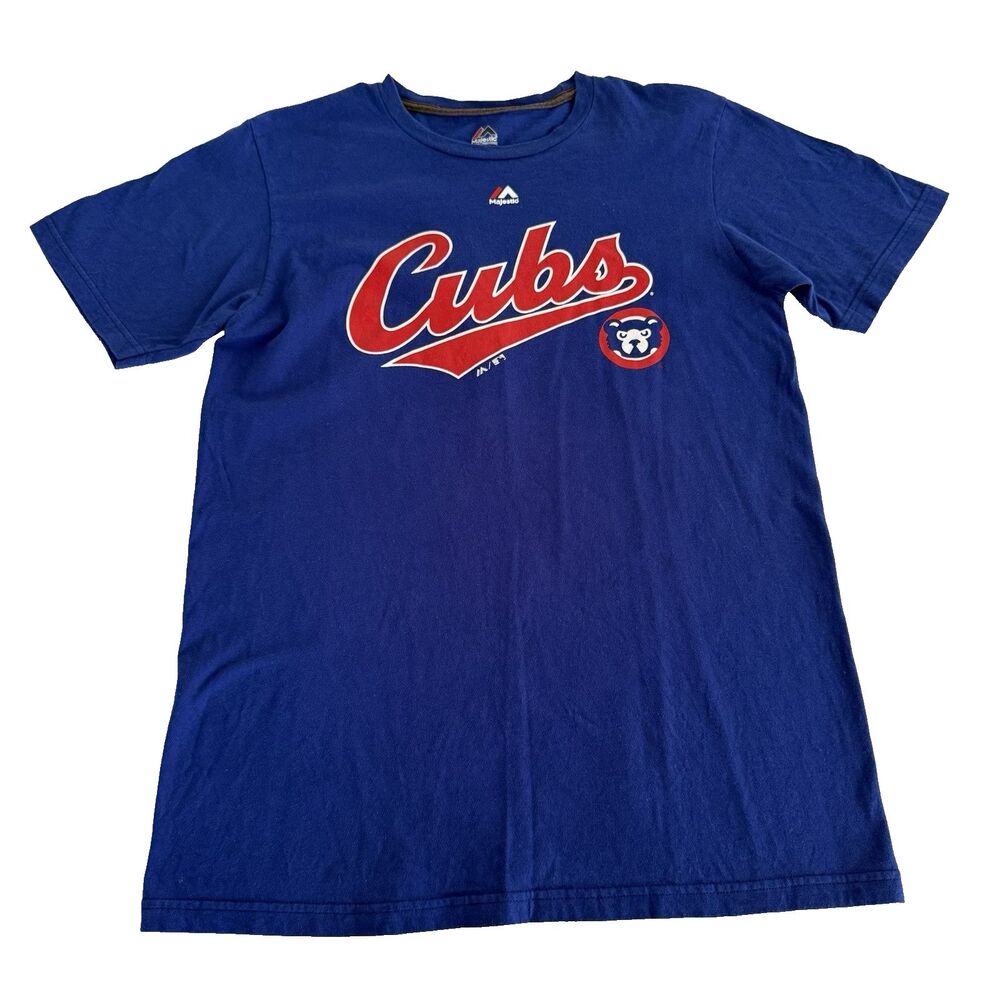 Majestic Chicago Cubs Men's M T Shirt Blue EUC Baseball MLB Logo 100% Cotton